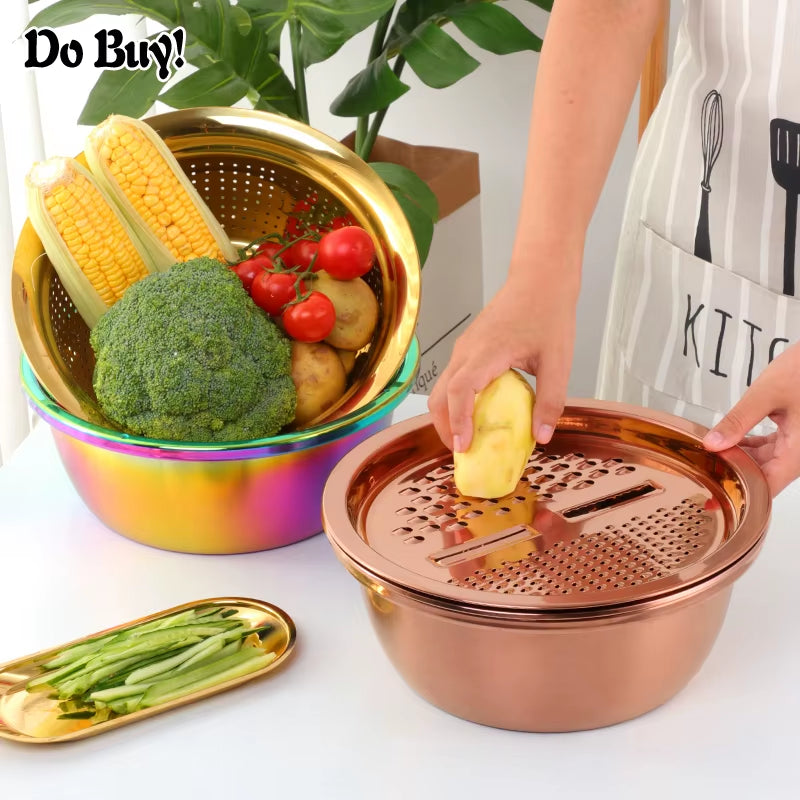 3 Pcs/Set Vegetable Slicer Drain Food Vegetable Cutter Peeler with Drain Basket Multi-Functional Fruit Kitchen Tool