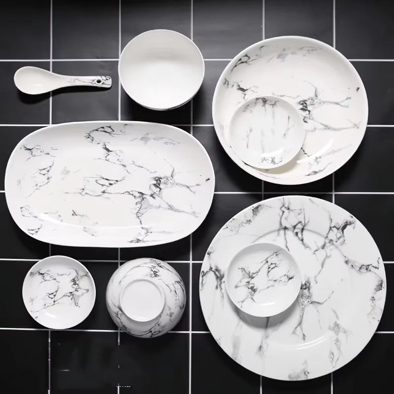 Ceramics Tableware Nordic Marbling Multiple Size round Oval Plate Bowl Dish Pot Spoon Household Kitchen Supplies Dinnerware