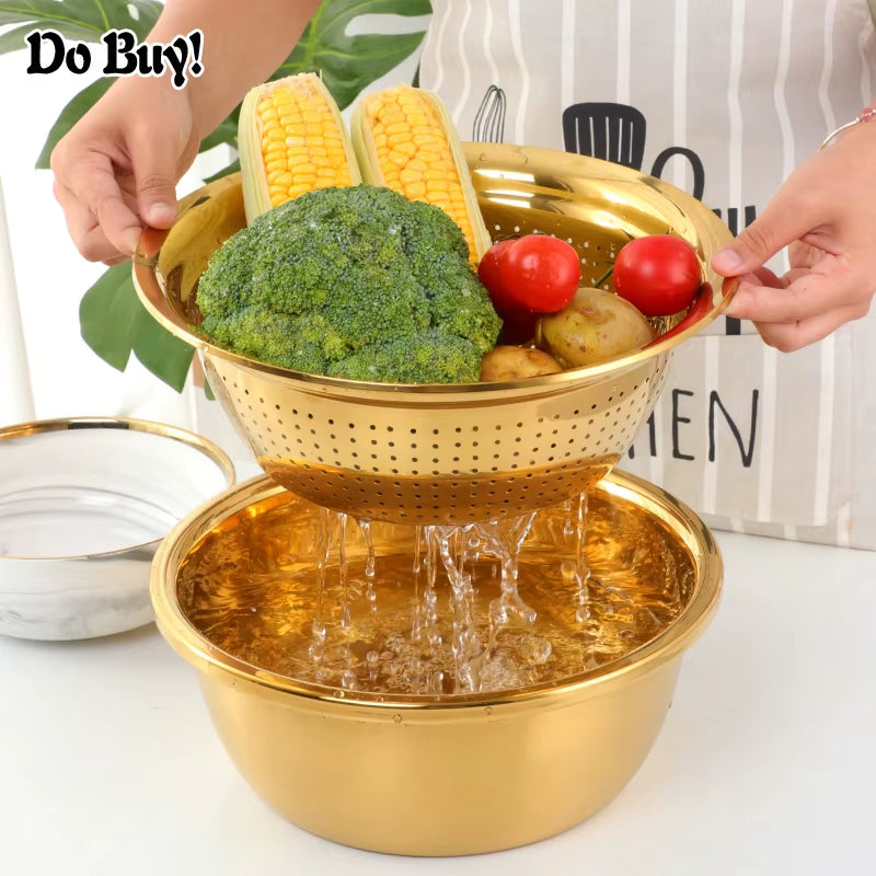 3 Pcs/Set Vegetable Slicer Drain Food Vegetable Cutter Peeler with Drain Basket Multi-Functional Fruit Kitchen Tool