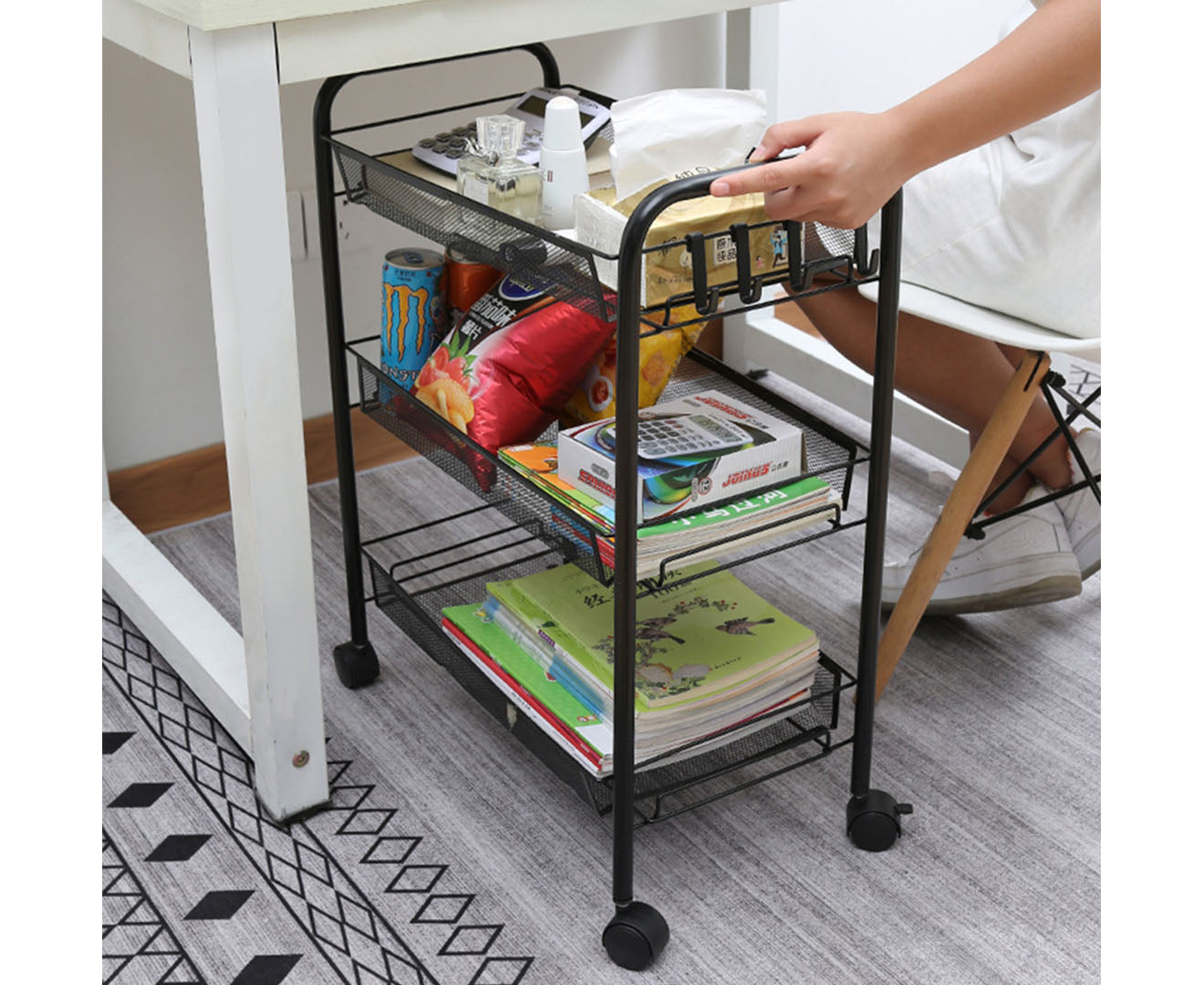 3 Tier Steel Black Bee Mesh Kitchen Cart Multi-Functional Shelves Portable Storage Organizer with Wheels