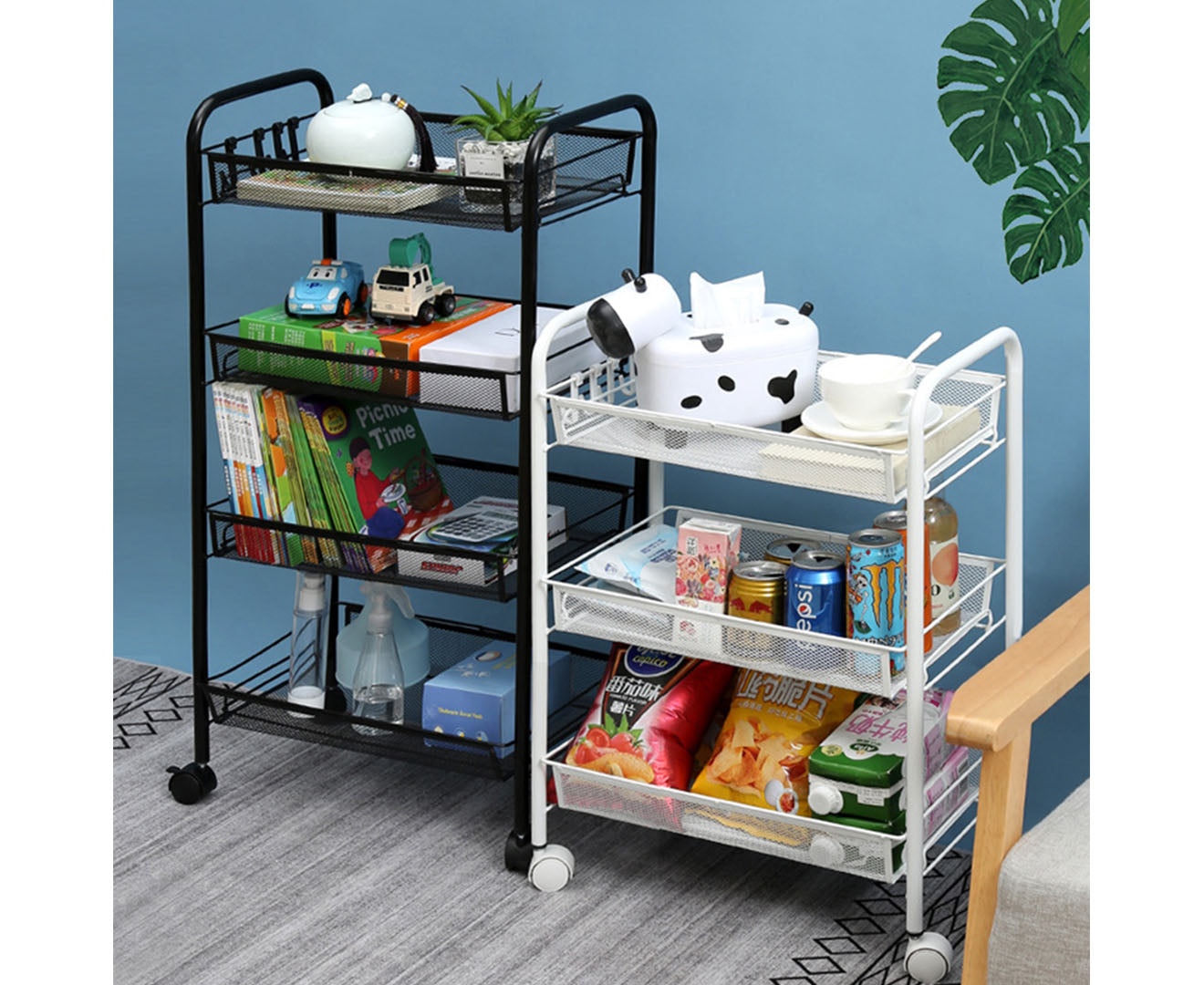 3 Tier Steel Black Bee Mesh Kitchen Cart Multi-Functional Shelves Portable Storage Organizer with Wheels